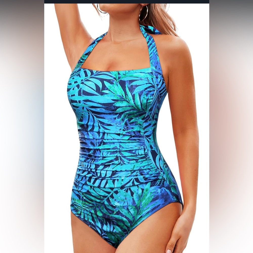 🚘Blue and Green One-Piece Swimsuit with Tropical Print